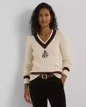 Женский хлопковый свитер с V-образным вырезом Lauren Ralph Lauren, кремовый
