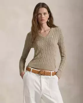 Женский хлопковый свитер с V-образным вырезом Polo Ralph Lauren, бежевый