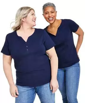 Женский хлопковый топ на пуговицах с короткими рукавами, XS-4X Style & Co, синий