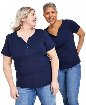 Женский хлопковый топ на пуговицах с короткими рукавами, XS-4X Style & Co, синий