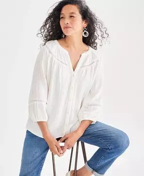 Женский хлопковый топ с кружевной отделкой на пуговицах спереди Style & Co, слоновая кость