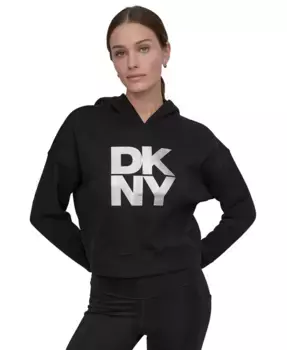 Женский худи с капюшоном Active Stacked и металлизированным логотипом DKNY, серебряный