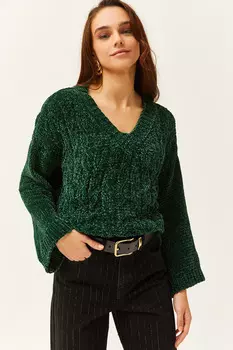 Женский изумрудно-зеленый синельный свитер с v-образным вырезом и мягкой текстурой Olalook