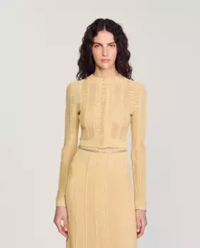 Женский кардиган ажурной вязки с перламутровыми пуговицами Sandro, золото