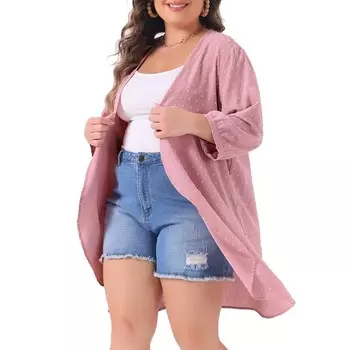 Женский кардиган больших размеров с открытым передом и рукавами 3/4 в швейцарский горошек, повседневная накидка Agnes Orinda, розовый