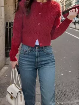 Женский кардиган Essnce, однотонный, на пуговицах спереди, с закруткой, трикотаж, узор Shein, красный