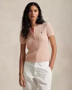 Женский кардиган из хлопка трикотаж на косах Polo Ralph Lauren, персиковый