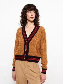 Женский кардиган из трикотажа с длинным рукавом и V-образным вырезом LCW Casual