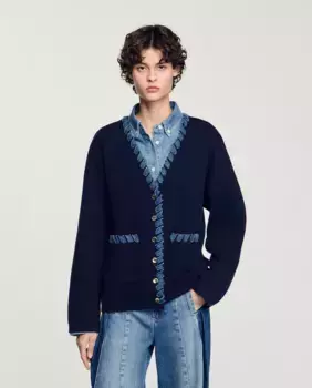 Женский кардиган с джинсовыми деталями и застежкой на пуговицы Sandro, тёмно-синий