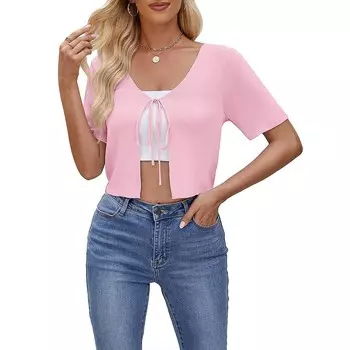 Женский кардиган с короткими рукавами и завязками спереди, вязаные плечи для платьев, свитеров, укороченные топы MISSKY, цвет Light Pink