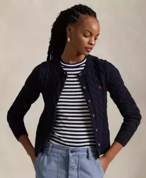 Женский кардиган с круглым вырезом и узором "косичка" из хлопка Polo Ralph Lauren, синий