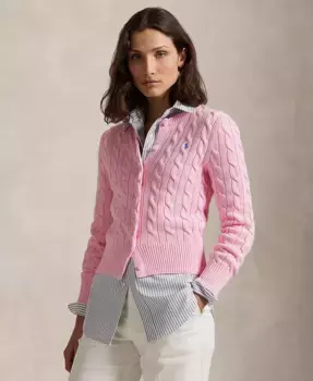 Женский кардиган с круглым вырезом и узором "косичка" из хлопка Polo Ralph Lauren, розовый