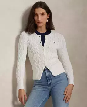 Женский кардиган с круглым вырезом и узором "косичка" из хлопка Polo Ralph Lauren, белый