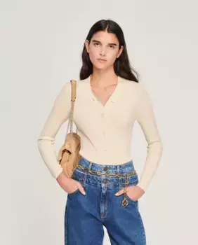 Женский кардиган тонкой вязки в рубчик Sandro, цвет Crudo