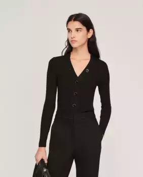 Женский кардиган тонкой вязки в рубчик Sandro, черный