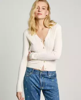 Женский кардиган в рубчик с вышитым логотипом Pepe Jeans, кремовый