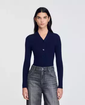 Женский кардиган в рубчик с застежкой на пуговицы Sandro, темно-синий