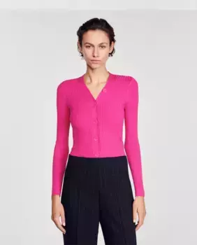 Женский кардиган в рубчик с застежкой на пуговицы Sandro, фуксия