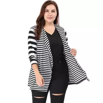 Женский кардиган в смешанную полоску с открытым передом и длинными рукавами больших размеров Agnes Orinda, черный