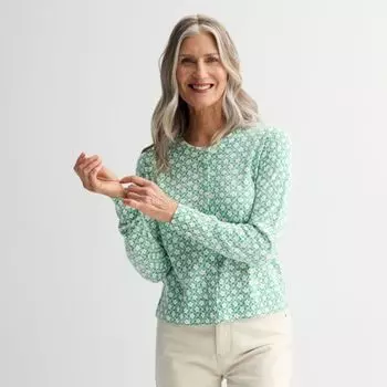 Женский классический кардиган с круглым вырезом и длинными рукавами Croft & Barrow, цвет green floral tile