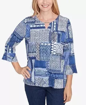 Женский классический топ в стиле пэчворк с разрезом на горловине, расшитый бисером Alfred Dunner, синий