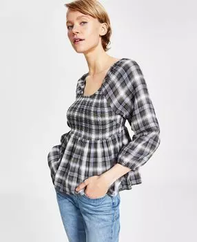 Женский клетчатый топ с присборенной баской Tommy Jeans, мульти