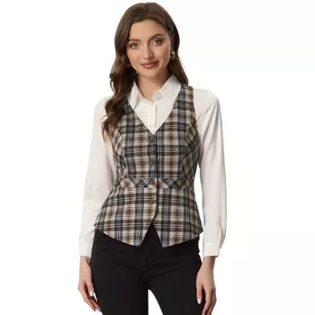 Женский клетчатый жилет с V-образным вырезом и пуговицами, винтажный жилет с борцовской спиной ALLEGRA K, коричневый