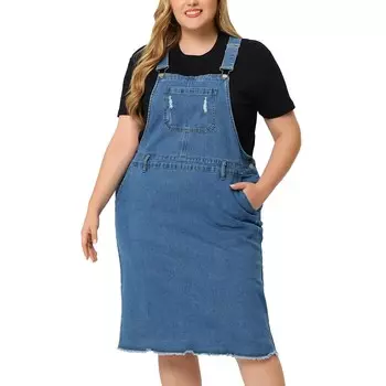 Женский комбинезон больших размеров с карманами-борцовкой на подтяжках и потертостями больших размеров Agnes Orinda, синий