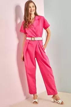 Женский комбинезон из тонкого габардина с поясом 20162 Bianco Lucci, розовый