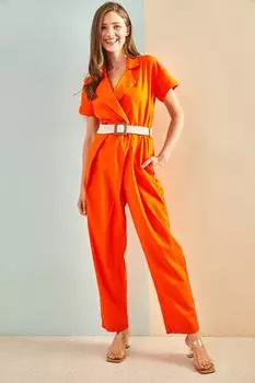 Женский комбинезон из тонкого габардина с поясом 20162 Bianco Lucci, оранжевый