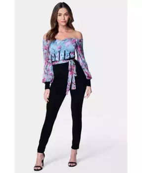 Женский комбинезон с принтом и сетчатыми вставками Off Shoulder Catsuit Bebe, мультиколор