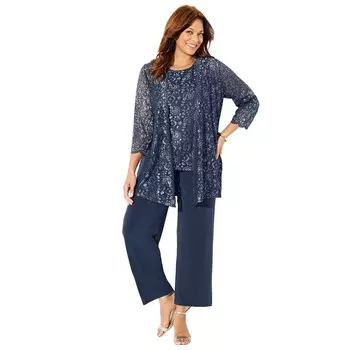 Женский комплект брюк из 3 предметов с кружевом Katerinas Luna размера плюс Catherines, цвет Navy Silver