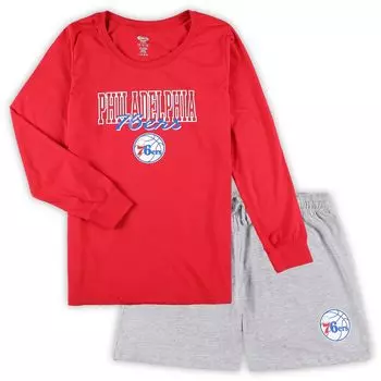 Женский комплект для сна с длинными рукавами и шортами для женщин Concepts Sport Red/Heather Grey Philadelphia 76ers плюс размер