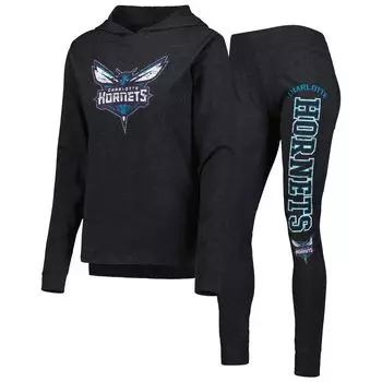 Женский комплект для сна с капюшоном и брюками Concepts Sport Heather Black Charlotte Hornets Team