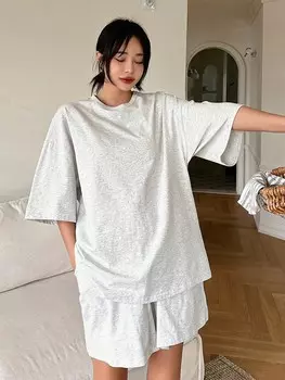 Женский комплект домашней одежды оверсайз с открытыми плечами, футболкой и шортами Dazy, светло-серый