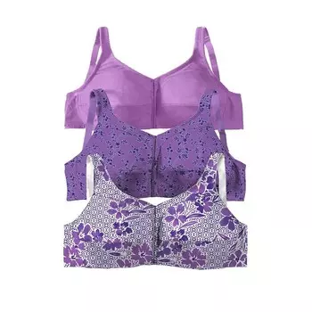 Женский комплект из 3 хлопковых бюстгальтеров с застежкой спереди Comfort Choice больших размеров без косточек, цвет Amethyst Purple