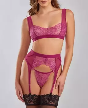 Женский комплект из 3 предметов, бюстгальтер-бралетт с мягкой чашкой Ruby, подвязка для чулок и кружевные трусики iCollection, фиолетовый