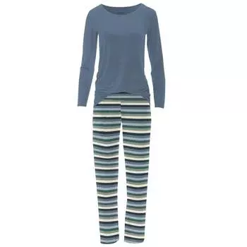Женский комплект из футболки с длинным рукавом и пижамных штанов в снежную полоску KICKEE, цвет snowy stripe