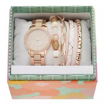 Женский комплект из розового золота, белых часов и штабелируемого браслета Folio