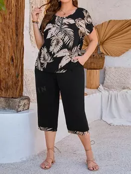 Женский комплект из рубашки и брюк размера плюс с тропическим растительным узором, состоящий из двух предметов Emery Rose, мультиколор