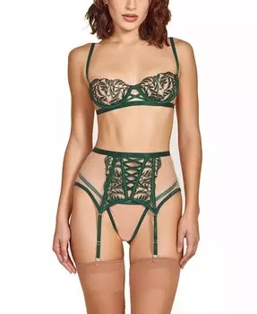 Женский комплект нижнего белья из 3 предметов: бюстгальтер с вышивкой, трусики и юбка для чулок iCollection, зеленый