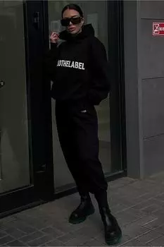 Женский комплект оверсайз из трехниточного флиса с принтом Afrogiyim, черный