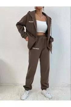 Женский комплект оверсайз из трехниточного флисового кардигана с принтом Sierra Neveda Afrogiyim, коричневый