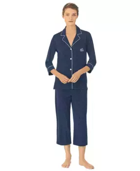 Женский комплект пижамы с укороченными рукавами 3/4, хлопковый, с отложным воротником и капри Lauren Ralph Lauren, синий