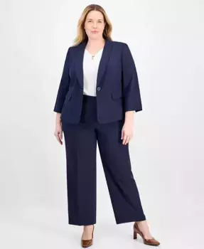 Женский комплект Plus Size: однобортный жакет с шалью и брюки прямого кроя на резинке Le Suit, синий