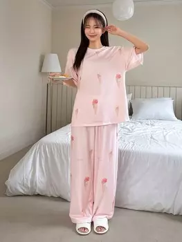 Женский Комплект с принтом мороженого, короткими рукавами и длинными брюками, пижамный Комплект Dazy, розовый