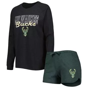 Женский комплект Sport Heather Black/Heather Hunter Green Milwaukee Bucks Team реглан, футболка с длинными рукавами и шорты, комплект для сна