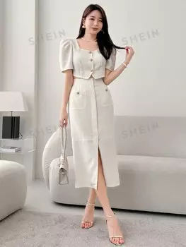 Женский комплект : укороченный топ и юбка с воротником-сердечком, коротким вырезом и объемными рукавами Dazy, белый