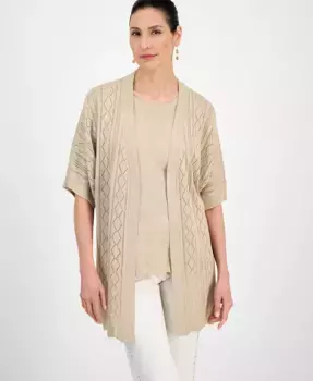 Женский короткий кардиган с открытой полочкой и короткими рукавами с люрексом JM Collection, коричневый/бежевый