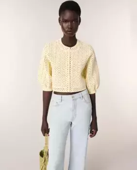 Женский короткий кардиган с пайетками, связанный крючком Maje, желтый
